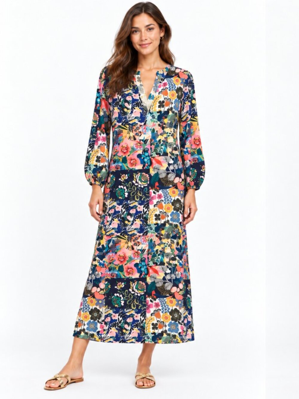 Johnny Was V-Neck Floral r Kaftan M Blue Multicolor Light Weight